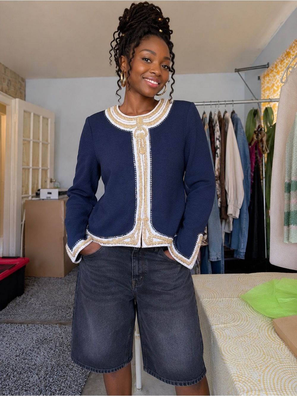 St. John Collection Navy Knit Jacket with Gold & White Trim